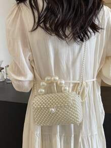 New Classic Fashion Handmade Beaded Woven Bag Elegant Handbag Exquisite Fashion Pearl Chain Shoulder Crossbody Bag Suitable For Going Out For A Date Music Festival Dinner Dance Party. - White - View 4
