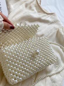 New Classic Fashion Handmade Beaded Woven Bag Elegant Handbag Exquisite Fashion Pearl Chain Shoulder Crossbody Bag Suitable For Going Out For A Date Music Festival Dinner Dance Party. - White - View 11