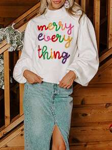 Women's Colorful Sequin Happy Everything Pattern Turtleneck Sweater - White - View 4