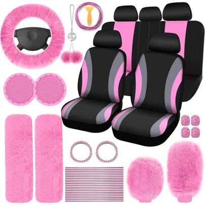 35-Piece Car Seat Cover Set With Steering Wheel Cover, Cup Holder Coasters, Shoulder Pads, And Accessories - Polyester Fabric Interior Decor Kit Without Filler,Pink Car Stuff