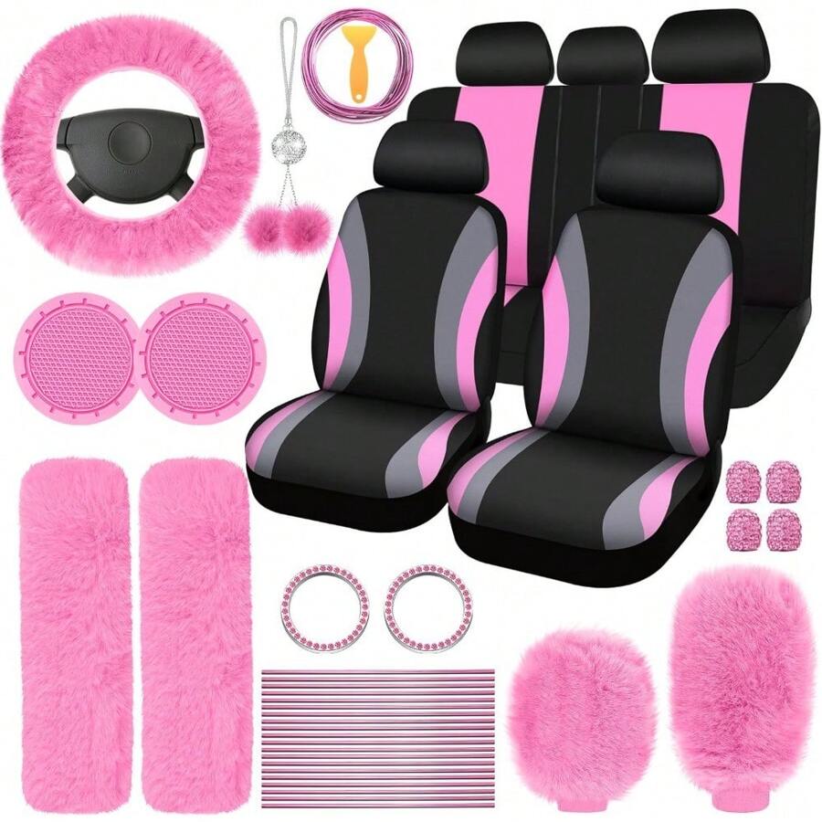 35-Piece Car Seat Cover Set With Steering Wheel Cover, Cup Holder Coasters, Shoulder Pads, And Accessories - Polyester Fabric Interior Decor Kit Without Filler,Pink Car Stuff - 粉色 - 查看 1