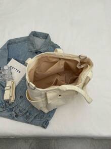 2025 New Women's Handbag, Large Capacity Commuter Shoulder Bag, Niche Design, Casual & Versatile, Minimalist Fashion, Corduroy Texture, Long Shoulder Strap, Zipper Closure, Spacious, Tote Bag, Literary Casual Style - Beige - View 9