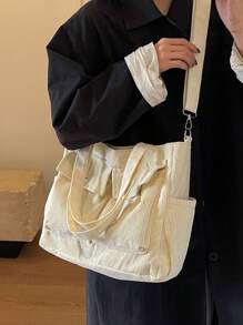 2025 New Women's Handbag, Large Capacity Commuter Shoulder Bag, Niche Design, Casual & Versatile, Minimalist Fashion, Corduroy Texture, Long Shoulder Strap, Zipper Closure, Spacious, Tote Bag, Literary Casual Style - Beige - View 2