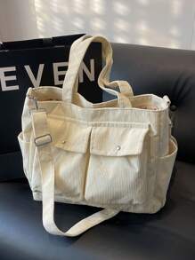 2025 New Women's Handbag, Large Capacity Commuter Shoulder Bag, Niche Design, Casual & Versatile, Minimalist Fashion, Corduroy Texture, Long Shoulder Strap, Zipper Closure, Spacious, Tote Bag, Literary Casual Style - Beige - View 7