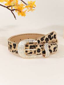 1pc Women's Leopard Print Belt With Rhinestone Buckle, Retro American Style, Personalized Accessory - A - View 2
