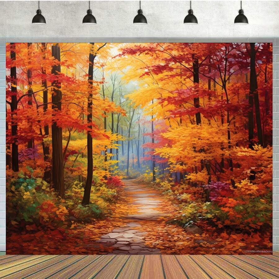 1 pezzo Sfondo autunnale, Paesaggio autunnale, Vista di foglie gialle d'autunno, Sfondo fotografico, Accessorio per studio, Natale - Multicolore - Visualizzare 1