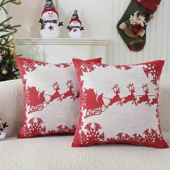 2-Piece Winter Christmas Holiday Element Atmosphere Pillowcase, Warm And Healing Santa Claus Reindeer Pattern Decorative Winter Christmas Pillowcase, Suitable For Sofa Bedroom, Living Room And Car Christmas Decoration