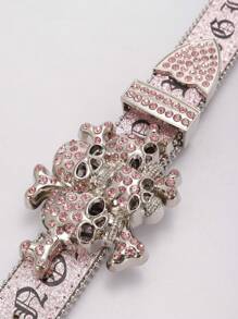 1pc Fashion Letters Pattern Goth Dark Style Western Fashionable Pink Glitter Leather Rhinestone Skull Decor Y2K Cowgirl BB Rhinestone Belt Women For Parties, Proms, Sparkling Decorations Outings, Boyfriend Gifts Summer, School Fall, Autumn, Halloween