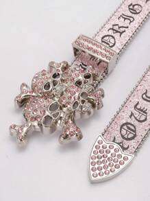 1pc Fashion Letters Pattern Goth Dark Style Western Fashionable Pink Glitter Leather Rhinestone Skull Decor Y2K Cowgirl BB Rhinestone Belt Women For Parties, Proms, Sparkling Decorations Outings, Boyfriend Gifts Summer, School Fall, Autumn, Halloween