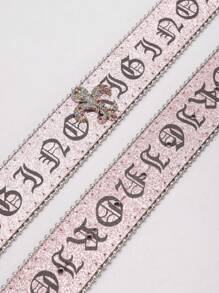 1pc Fashion Letters Pattern Goth Dark Style Western Fashionable Pink Glitter Leather Rhinestone Skull Decor Y2K Cowgirl BB Rhinestone Belt Women For Parties, Proms, Sparkling Decorations Outings, Boyfriend Gifts Summer, School Fall, Autumn, Halloween
