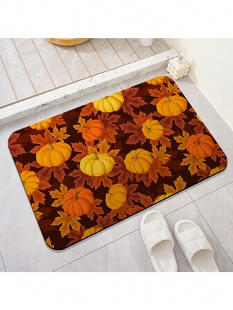 1pc 31.5"X19.7"/23.6"X15.7" Velvet Halloween Theme Carpet, Maple Leaf & Pumpkin Outdoor Kitchen Rug, Absorbent Anti-Slip Entryway Mat (Actual Product May Vary From Photos)