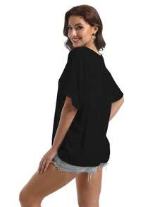 Women Oversized T-Shirt Loose Fit Workout Tops Short Sleeve Gym Basic Tee Shirt - 黑色 - 查看 4