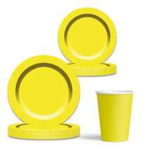 Set/60pcs Yellow Disposable Party Tableware, Includes 9" Paper Plates, 7" Plates, 9oz/250ml Cold Drink Cups. Ideal For Birthday Parties, Outdoor Gatherings, BBQ. Perfect For Christmas, New Year, Valentine's Day Parties. - Multicolor - View 3