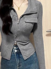 时尚女式短款修身长袖打底上衣 - 灰色 - 查看 4