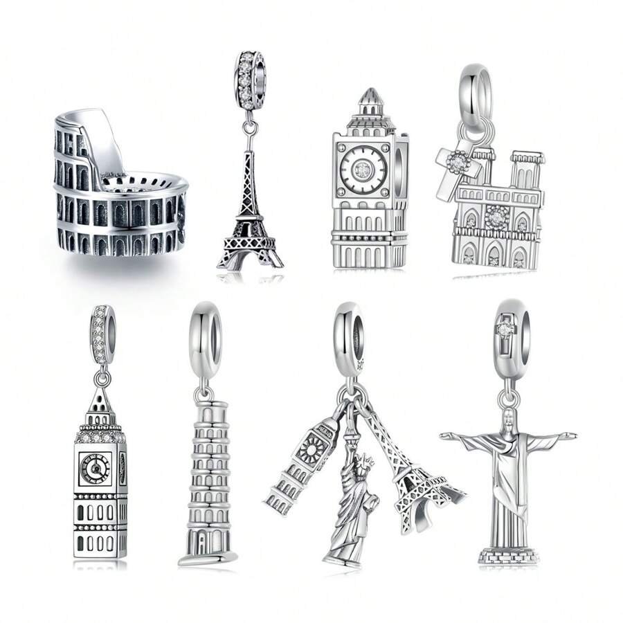 Bamoer 925 Sterling Silver Vintage Eiffel Tower/Big Ben Bead Landmark Series Travel Charms For Women Girl Bracelet Necklace DIY Jewelry Making