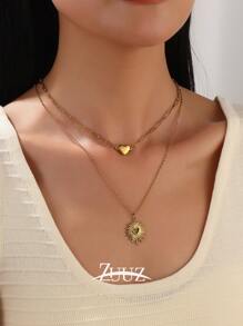 1 件复古波西米亚风不锈钢双层心形吊坠项链女式心形吊坠双层项链女性珠宝礼物朋友 - 項鍊 - 查看 2