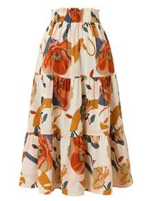 女式花卉印花半身裙，假抽绳褶皱松紧腰荷叶边下摆，女士秋季服装 A 字裙 - 米色 - 查看 2