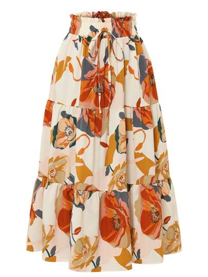 Women's Floral Print Skirt Fake Drawstring Pleated Elastic Waist Ruffle Hem Ladies Fall Clothes A-Line Skirts