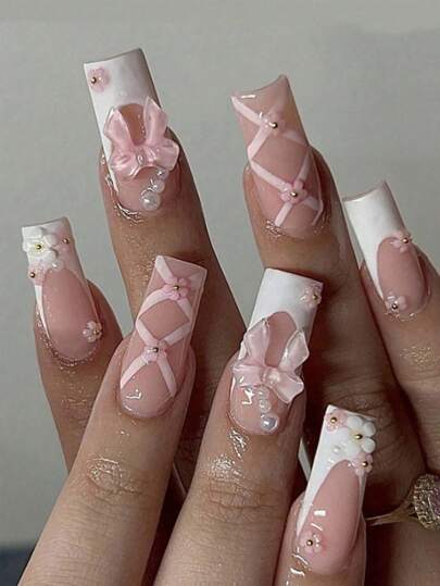 Juego de 24 uñas postizas cuadradas de longitud media, uñas acrílicas falsas rosas con degradado rosa y decoración de mariposa, flor blanca y rosa, diseño de perlas blancas, incluye 1 lima de uñas y 1 juego de pegamento con pegatinas, adecuado para mujeres y niñas para citas y ocasiones especiales