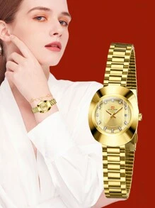 VA VA VOOM 1 pièce Nouvelle arrivée Montre étanche pour femme avec cadran elliptique doré, style élégant et magnifique, cadran décoré avec calendrier et strass, convient pour un port quotidien et les fêtes - Doré - Voir 3