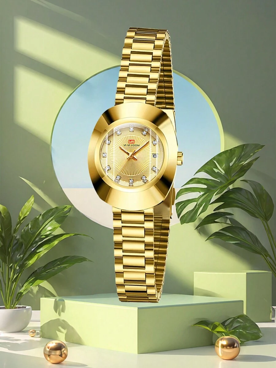 VA VA VOOM 1 pièce Nouvelle arrivée Montre étanche pour femme avec cadran elliptique doré, style élégant et magnifique, cadran décoré avec calendrier et strass, convient pour un port quotidien et les fêtes