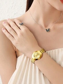 VA VA VOOM 1 pièce Nouvelle arrivée Montre étanche pour femme avec cadran elliptique doré, style élégant et magnifique, cadran décoré avec calendrier et strass, convient pour un port quotidien et les fêtes - Doré - Voir 6