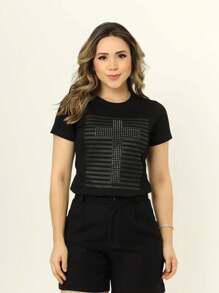 T-Shirt Feminina Cristã de Agodão Blusa Evangélica e Católica Cruz Listras com Strass - Preto - Visão 2