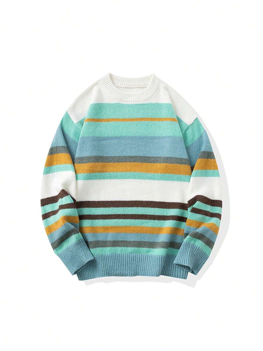 Fashion Colorblock Knit Sweater, Casual Warm Ribbed Crew Neck Pullover
