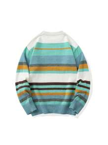 Fashion Colorblock Knit Sweater, Casual Warm Ribbed Crew Neck Pullover