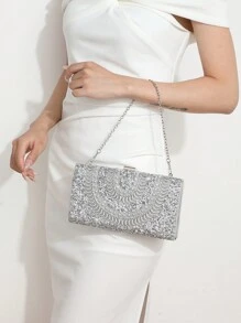 4 件水钻首饰套装闪亮项链耳环手镯套装女士晚宴手拿包新娘婚礼女士晚会新娘钱包银色闪亮水晶钻石手拿包女士手持晚宴金属链条包手提包斜挎包女士和女孩 - 銀色 - 查看 4