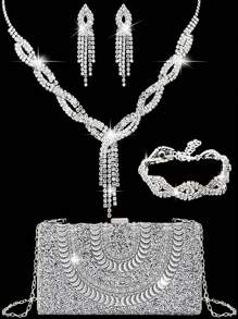 4 件水钻首饰套装闪亮项链耳环手镯套装女士晚宴手拿包新娘婚礼女士晚会新娘钱包银色闪亮水晶钻石手拿包女士手持晚宴金属链条包手提包斜挎包女士和女孩 - 銀色 - 查看 1