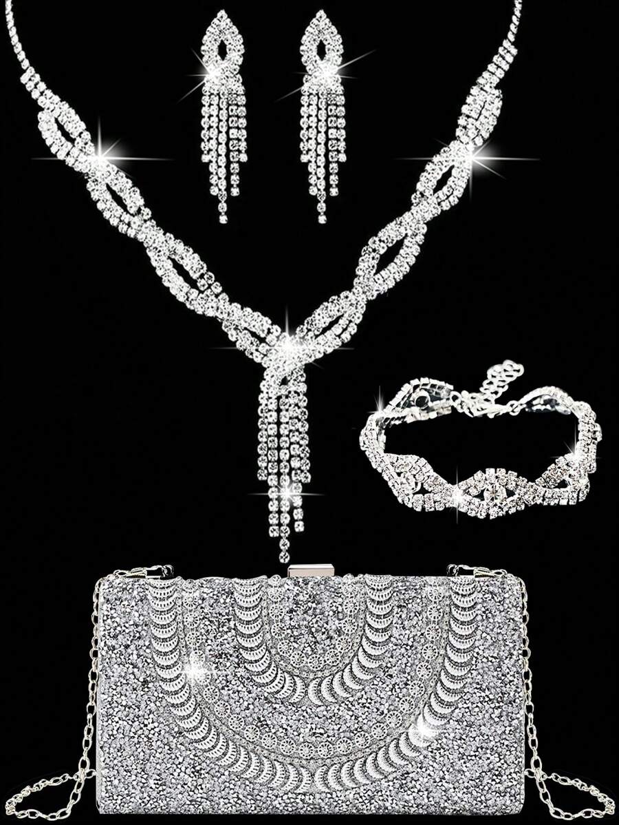 4 件水钻首饰套装闪亮项链耳环手镯套装女士晚宴手拿包新娘婚礼女士晚会新娘钱包银色闪亮水晶钻石手拿包女士手持晚宴金属链条包手提包斜挎包女士和女孩 - 銀色 - 查看 1