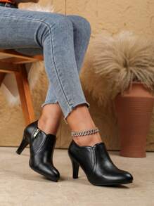 女士纯色简约秋冬侧拉链黑色细高跟踝靴女士优雅尖头高跟鞋 - 黑色 - 查看 4