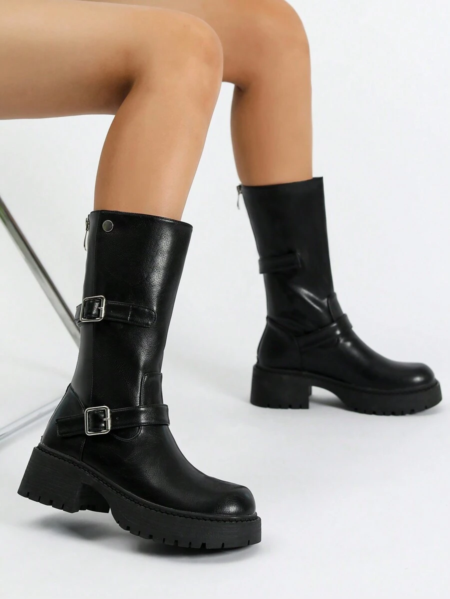 Black Rider Boots For Women, Thickened Sole Motorcycle Ankle Boots ...