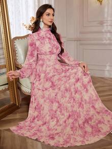 Women's Floral Print Stand Collar Lantern Sleeve Ruffle Hem Maxi Elegant Dress,Party Dress,Gown,Formal,Evening,Wedding Guest