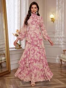 Women's Floral Print Stand Collar Lantern Sleeve Ruffle Hem Maxi Elegant Dress,Party Dress,Gown,Formal,Evening,Wedding Guest