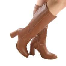 Women's Mid-Calf Boot Round Toe Thick Square Heel 7.5 Cm Comfortable Side Zipper - 駝色 - 查看 1