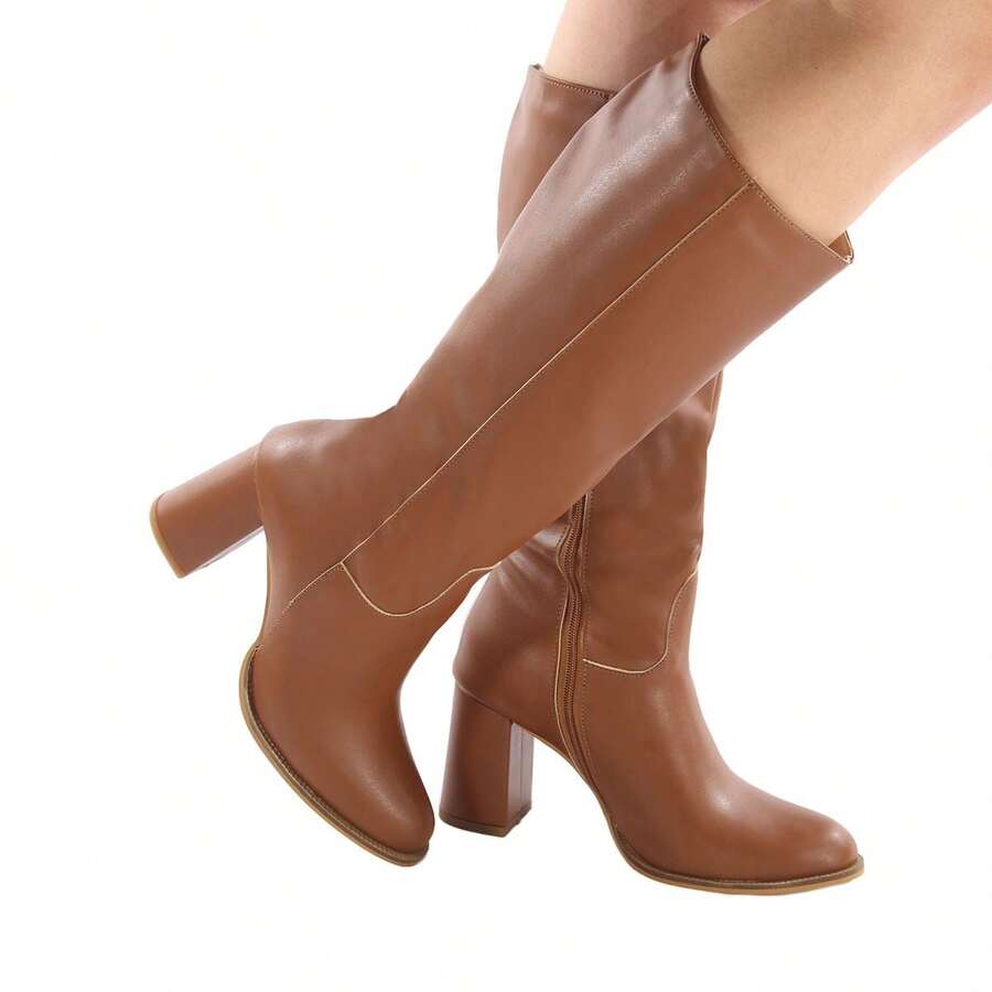 Women's Mid-Calf Boot Round Toe Thick Square Heel 7.5 Cm Comfortable Side Zipper - 駝色 - 查看 1