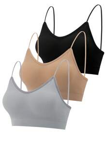 3 Pcs Padded Bralettes For Women Wireless Cami Bras Tank Top Sport Bras Comfort Seamless V Neck With Removable Pads For Girls Laddies Everyday Camisole Basic Bra - 黑色,灰色,卡其色 - 查看 1