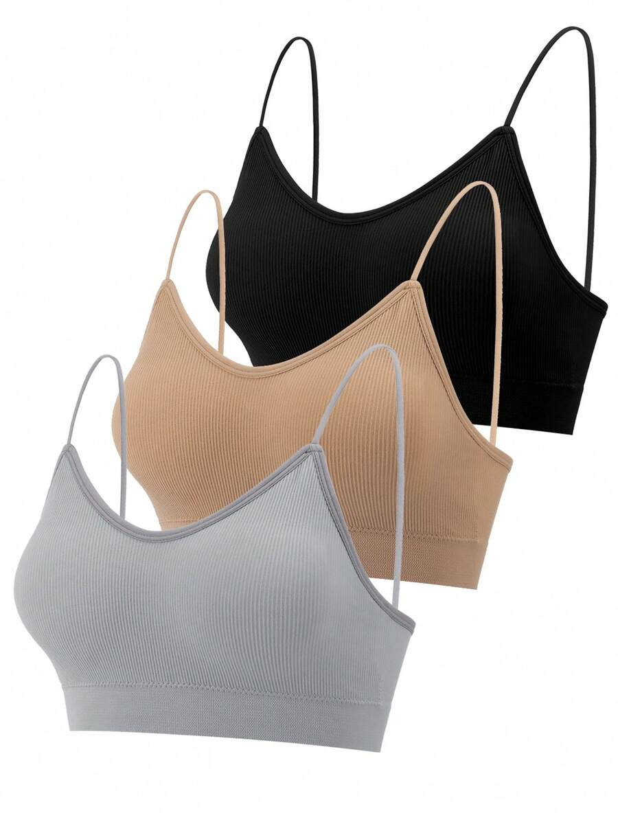 3 Pcs Padded Bralettes For Women Wireless Cami Bras Tank Top Sport Bras Comfort Seamless V Neck With Removable Pads For Girls Laddies Everyday Camisole Basic Bra - 黑色,灰色,卡其色 - 查看 1