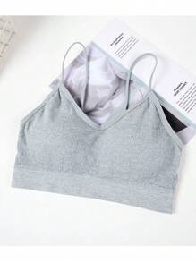 3 Pcs Padded Bralettes For Women Wireless Cami Bras Tank Top Sport Bras Comfort Seamless V Neck With Removable Pads For Girls Laddies Everyday Camisole Basic Bra - 黑色,灰色,卡其色 - 查看 4