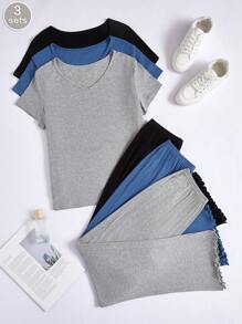 3pcs Set Women's Solid Color Top & Lettuce Hem Pants Comfortable Pajama Set Outfit - Multicolor - View 1