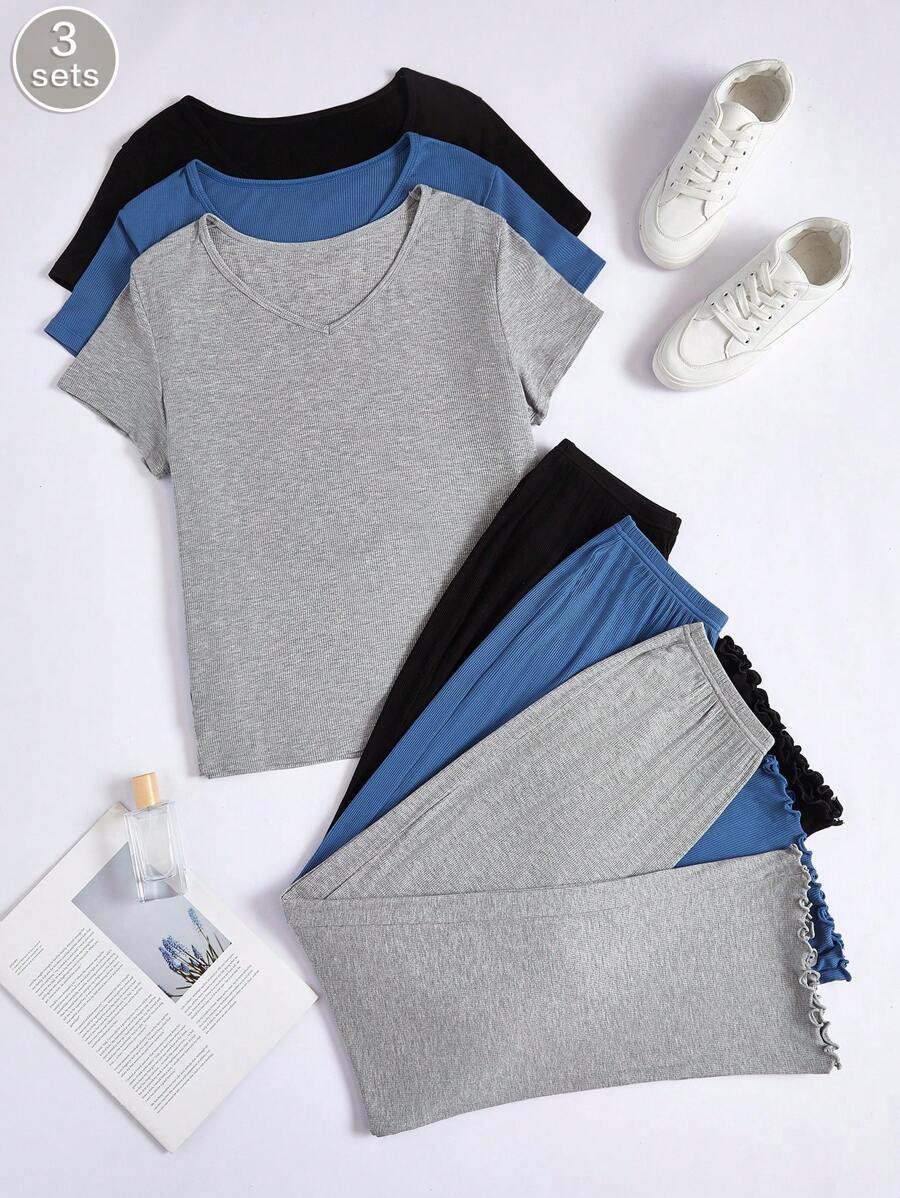 3pcs Set Women's Solid Color Top & Lettuce Hem Pants Comfortable Pajama Set Outfit - Multicolor - View 1