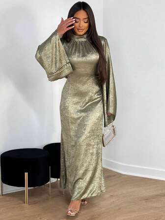 1pc Elegant Polyester Belted Dress Abaya Solid Robe