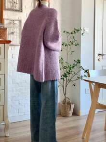 Women's Vintage Loose V-Neck Knit Cardigan - Purple - View 2