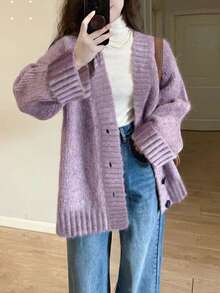 Women's Vintage Loose V-Neck Knit Cardigan - Purple - View 3