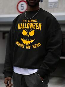 Jersey con estampado gráfico de letras para hombre, parte superior de manga larga con ajuste holgado de para otoño e invierno