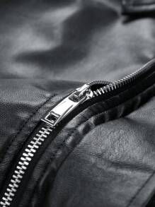 Men Long Sleeve Casual Loose Business Leather Jacket, For Fall, Grunge - Black - View 8