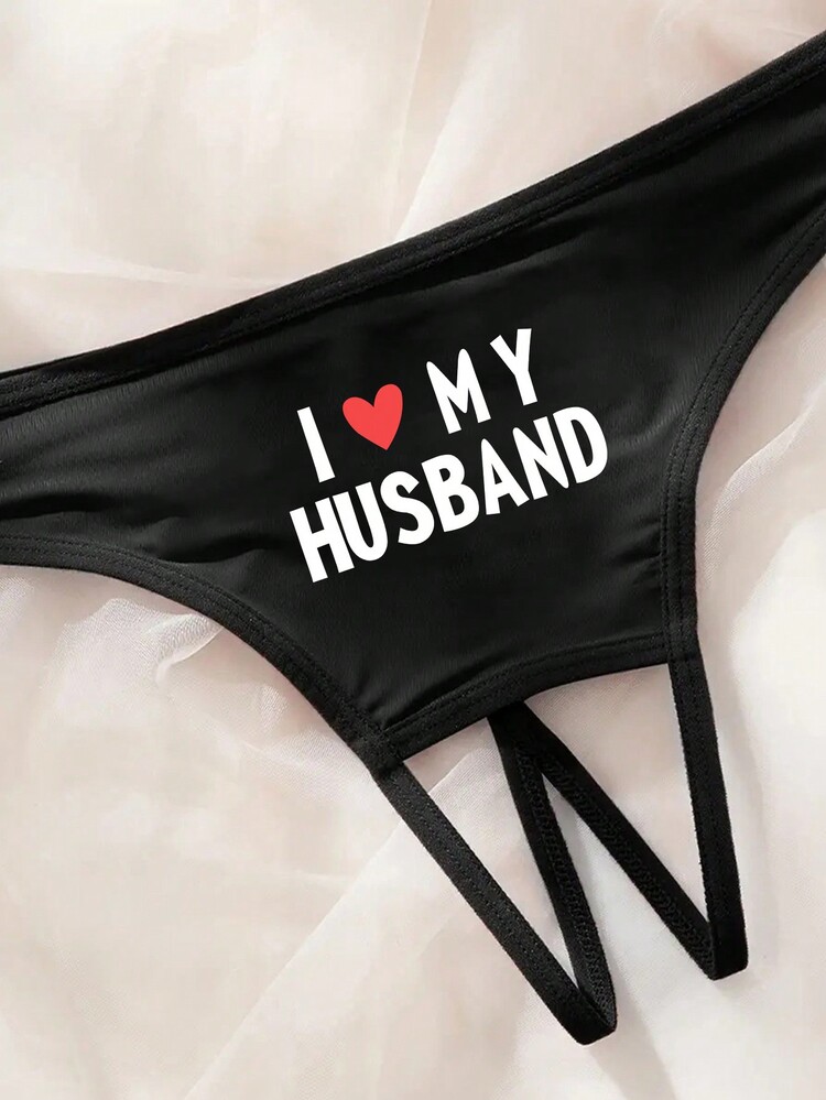 Plus Size Women's Sexy Letter Print Thong Panties, Backless - Black - View 4