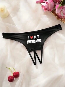Plus Size Women's Sexy Letter Print Thong Panties, Backless - Black - View 2